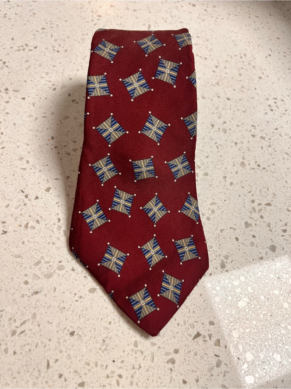 Dior Burgundy Silk Tie with Blue and Gold Motif